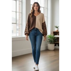 ODDI Color Block Leopard Sleeve V Neck Sweater Women Plus Size XXL